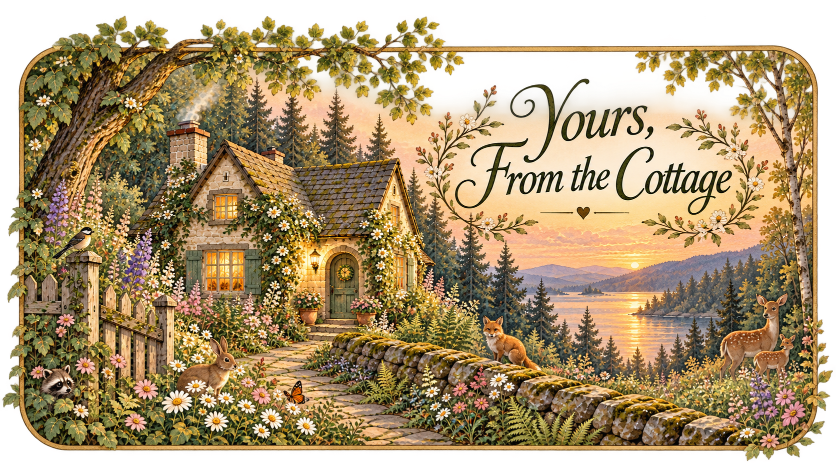 Vintage illustration of a woodland cottage
